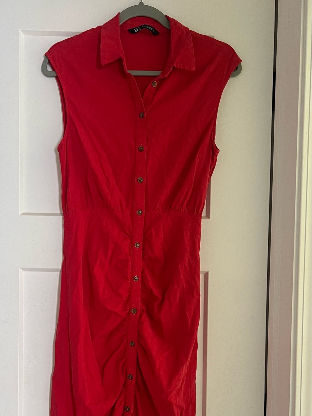 Zara Red Ruched Button Up Midi Dress